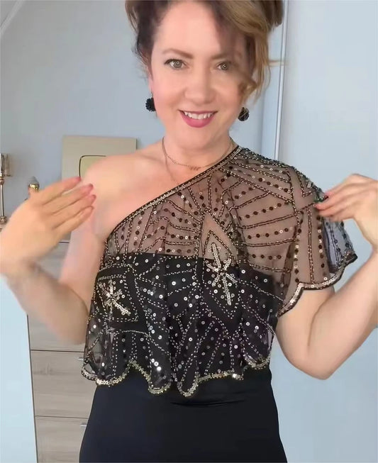 Vintage 1920s Flapper Shawl Sequin Beaded Short Cape Beaded Decoration Gatsby Party Mesh Short Cover Up Dress Accessory
