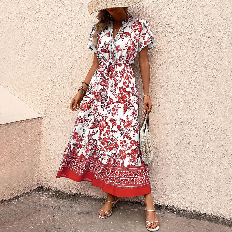 Bohemian Fashion Printed Women's Dress Summer Foreign Style High Waisted Lace Up Design Dresses Lady Chic Loose V-neck Vestidos
