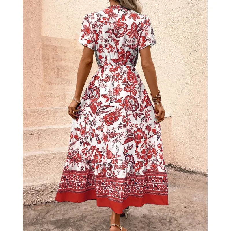 Bohemian Fashion Printed Women's Dress Summer Foreign Style High Waisted Lace Up Design Dresses Lady Chic Loose V-neck Vestidos