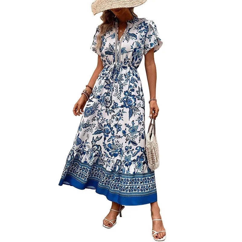 Bohemian Fashion Printed Women's Dress Summer Foreign Style High Waisted Lace Up Design Dresses Lady Chic Loose V-neck Vestidos