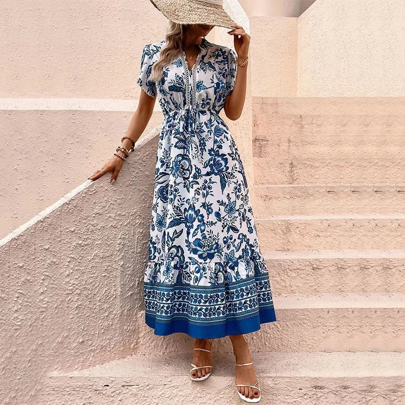 Bohemian Fashion Printed Women's Dress Summer Foreign Style High Waisted Lace Up Design Dresses Lady Chic Loose V-neck Vestidos