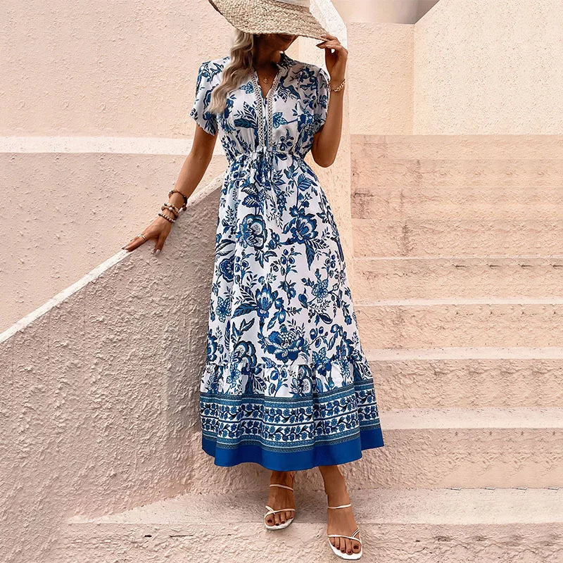 Bohemian Fashion Printed Women's Dress Summer Foreign Style High Waisted Lace Up Design Dresses Lady Chic Loose V-neck Vestidos