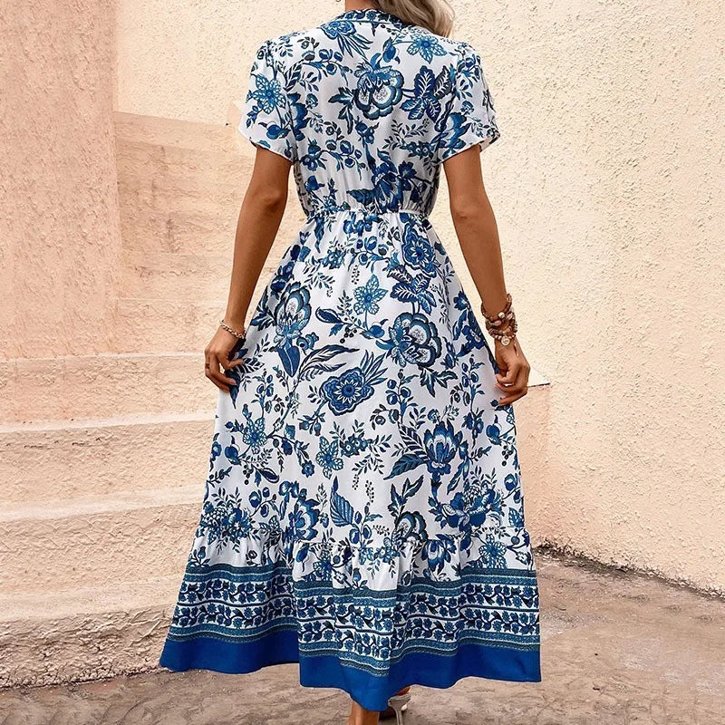 Bohemian Fashion Printed Women's Dress Summer Foreign Style High Waisted Lace Up Design Dresses Lady Chic Loose V-neck Vestidos